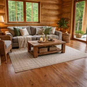 Dvoslojni gotovi parket iz rustikalnega hrasta v mahagonij barvi z izrazito lesno strukturo in naravnimi grčami.